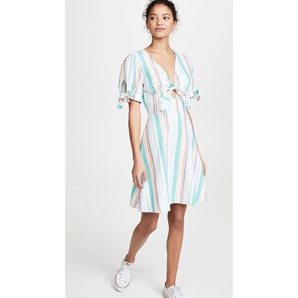 leRumi Ana cotton Striped V Neck A Line Dress Teal Size XS